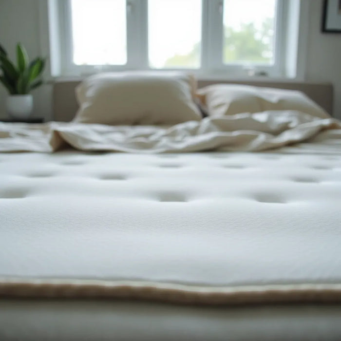 Cooling gel technology mattress with textured cooling surface and neutral bedding in a modern bedroom