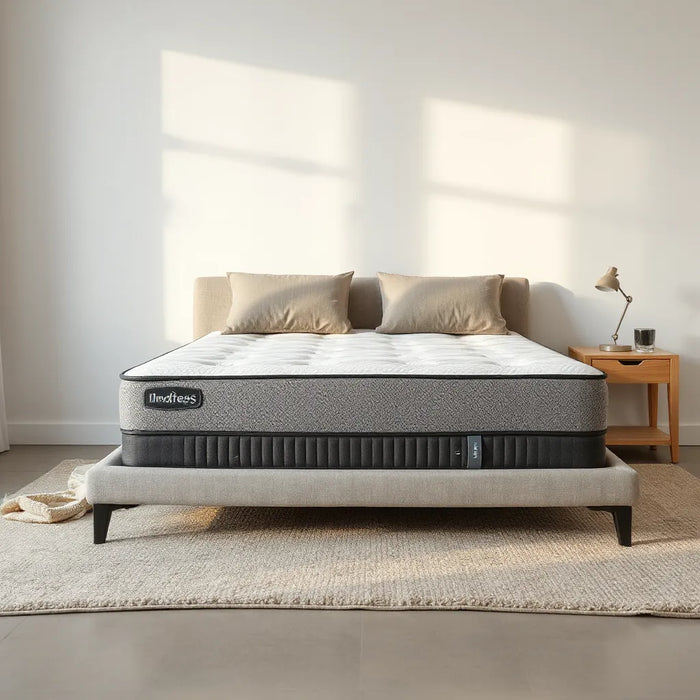 Neatly made bed with a contemporary mattress and supportive pillows in a calm, modern bedroom