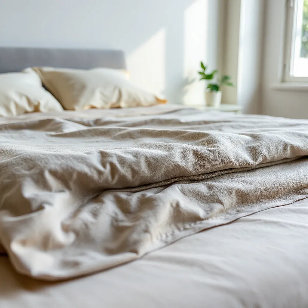 Bed with a breathable mattress cover smoothly fitted over the mattress top in a bright, calm bedroom