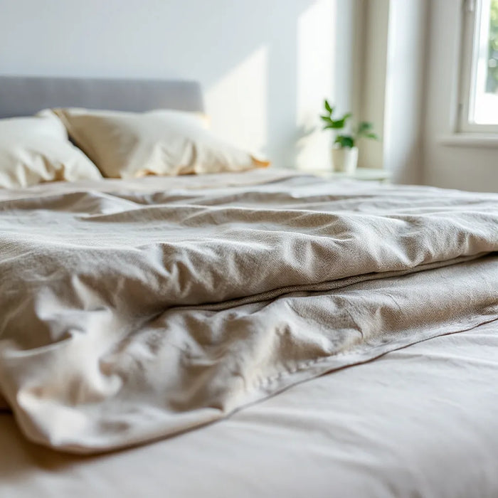 Bed with a breathable mattress cover smoothly fitted over the mattress top in a bright, calm bedroom