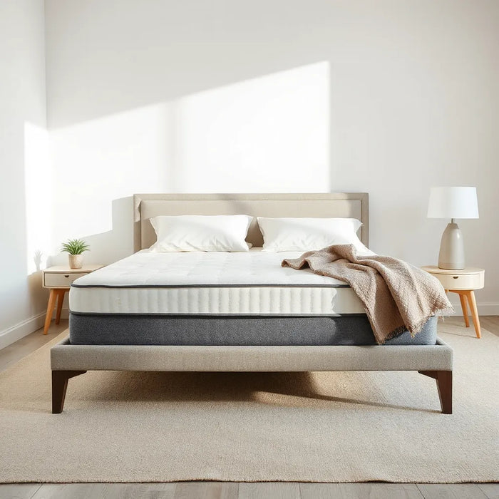 Modern bed with a neatly made mattress and neutral bedding in soft morning light