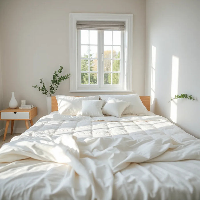 Neatly made bed with breathable sheets and a cooling topper in a calm, sunlit bedroom