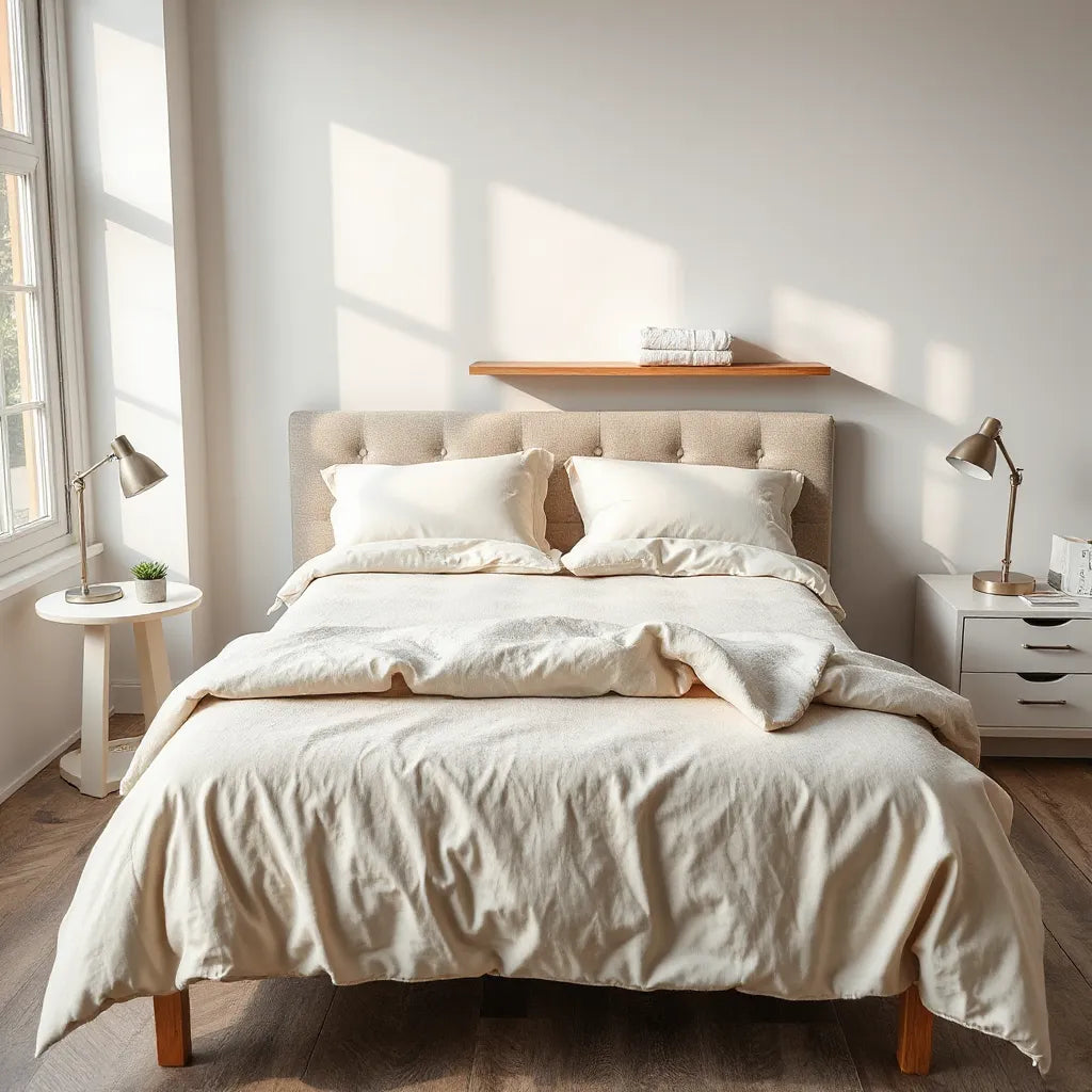Neatly made bed with a simple affordable mattress in a bright, modern bedroom setting