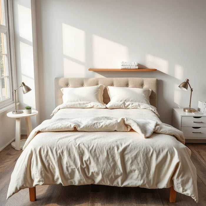 Neatly made bed with a simple affordable mattress in a bright, modern bedroom setting