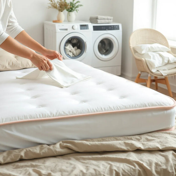 Hands placing a clean mattress protector on a made bed with fresh laundry nearby