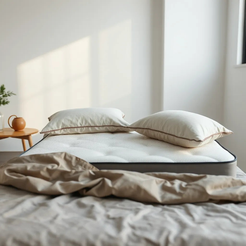 Modern bed set up for side sleeping with supportive pillow and neutral bedding in soft natural light