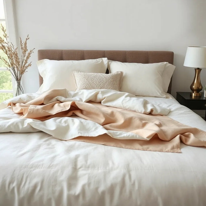 Elegant bed styling with premium linens, throw blanket, accent pillows, and a satin pillow protector