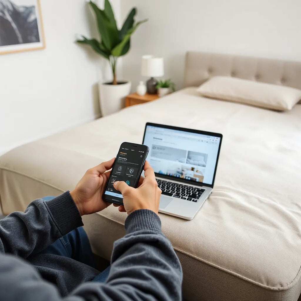Person comparing mattress options on a phone with a neatly made bed in the background
