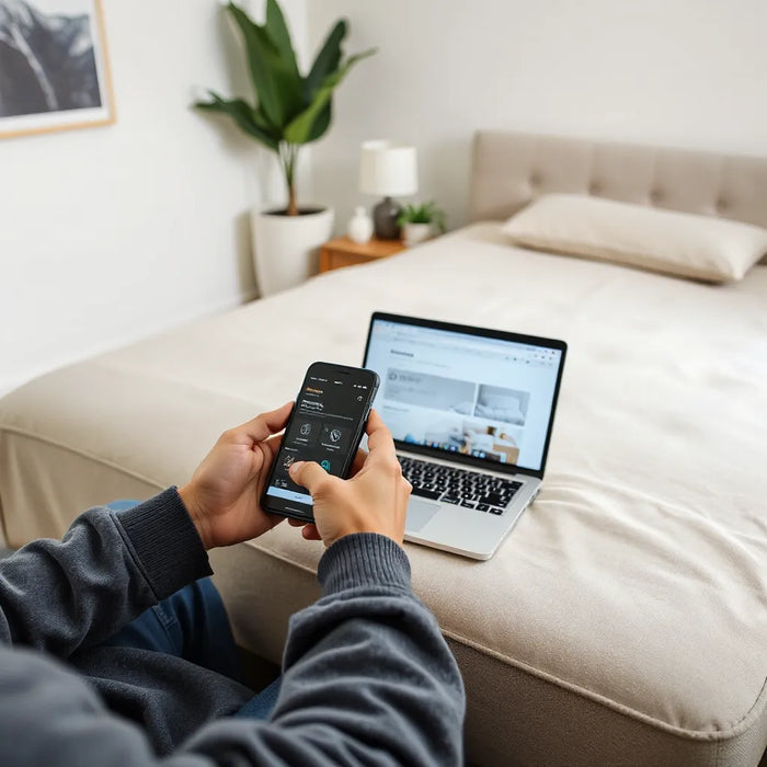 Person comparing mattress options on a phone with a neatly made bed in the background