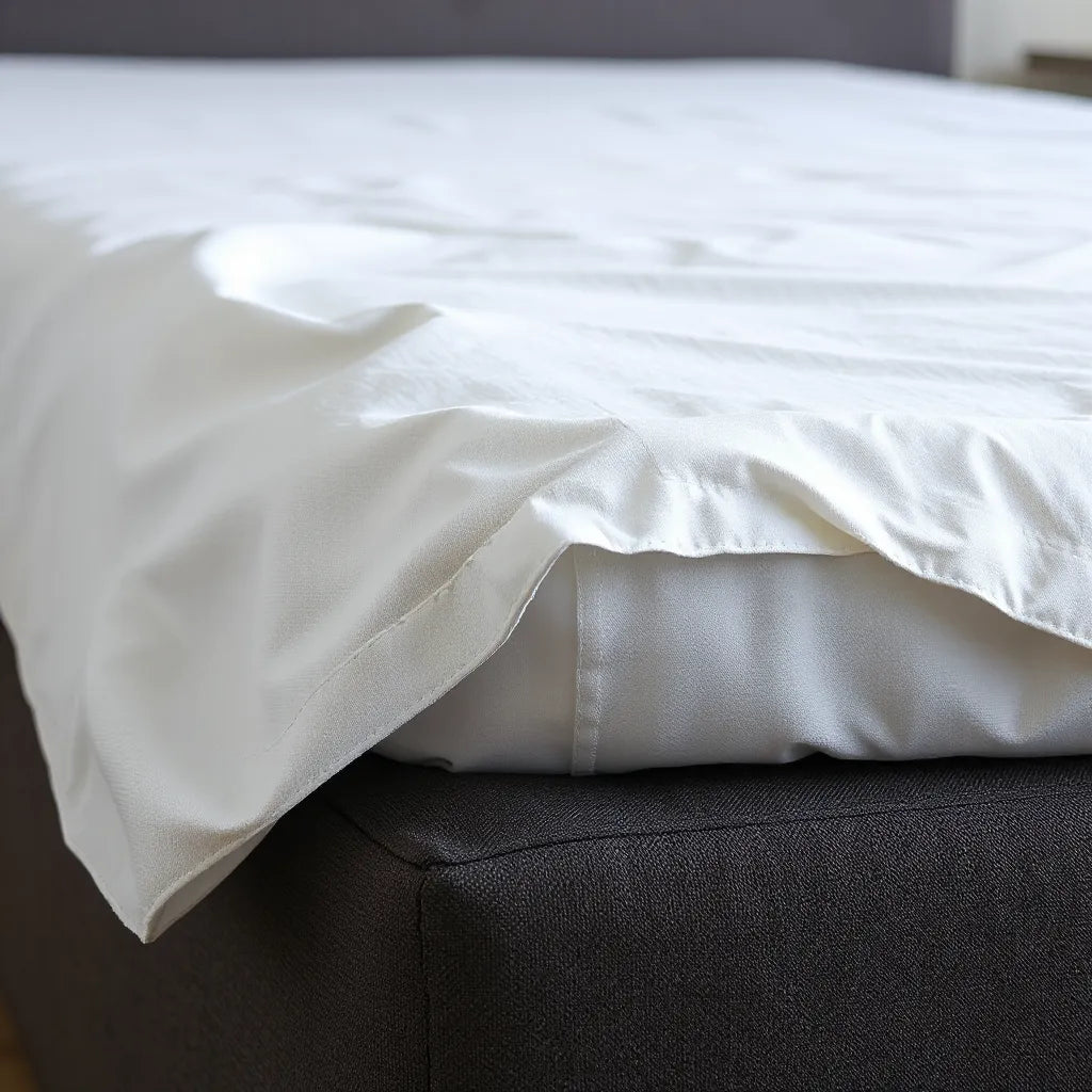 Soft breathable mattress protector fitted over a neatly made bed in a calm bedroom setting