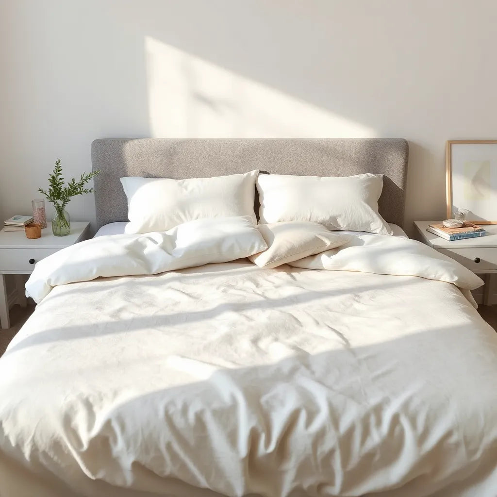 Neatly made bed with layered bedding in a calm, softly lit bedroom for a better sleep setup