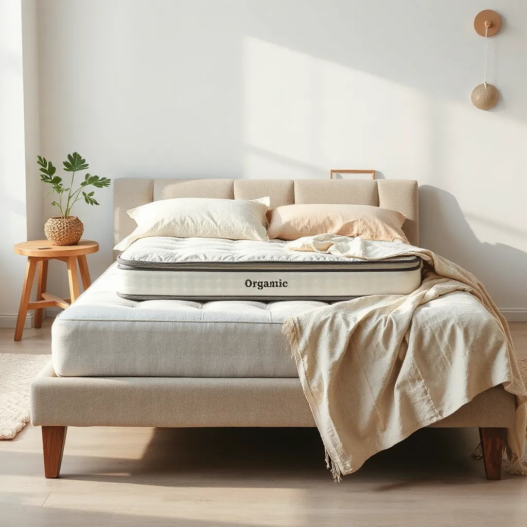 Organic mattress with natural cotton bedding in a bright, minimal bedroom setting