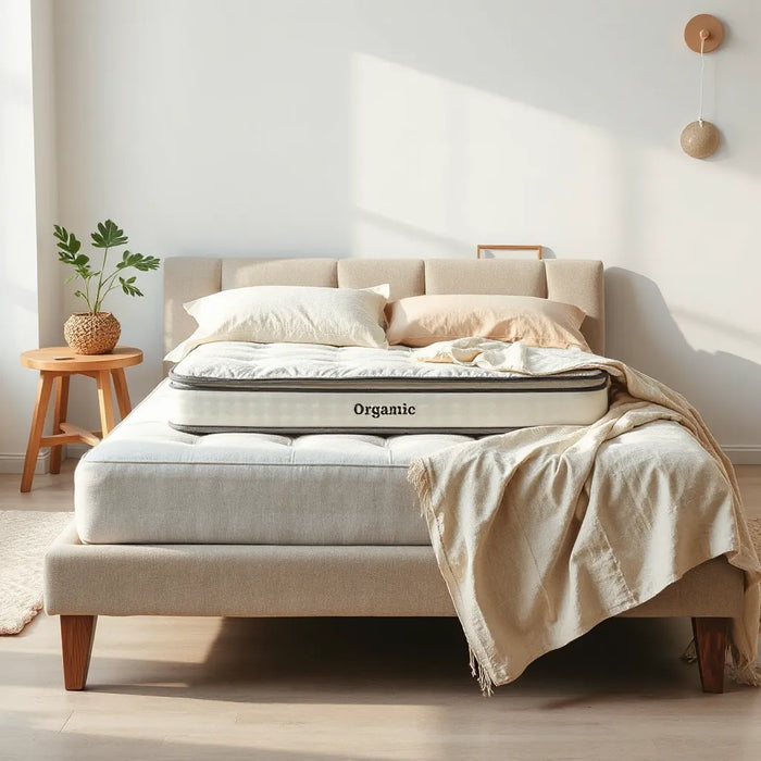 Organic mattress with natural cotton bedding in a bright, minimal bedroom setting