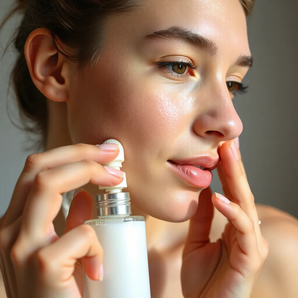 Person applying a fragrance-free moisturizer in a bright, minimal bathroom setting to soothe sensitive skin