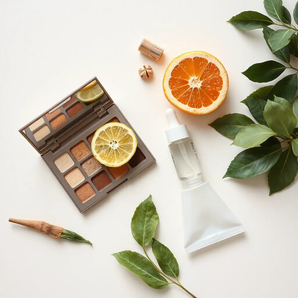Neatly arranged cruelty-free beauty items and natural ingredients on a light neutral tabletop