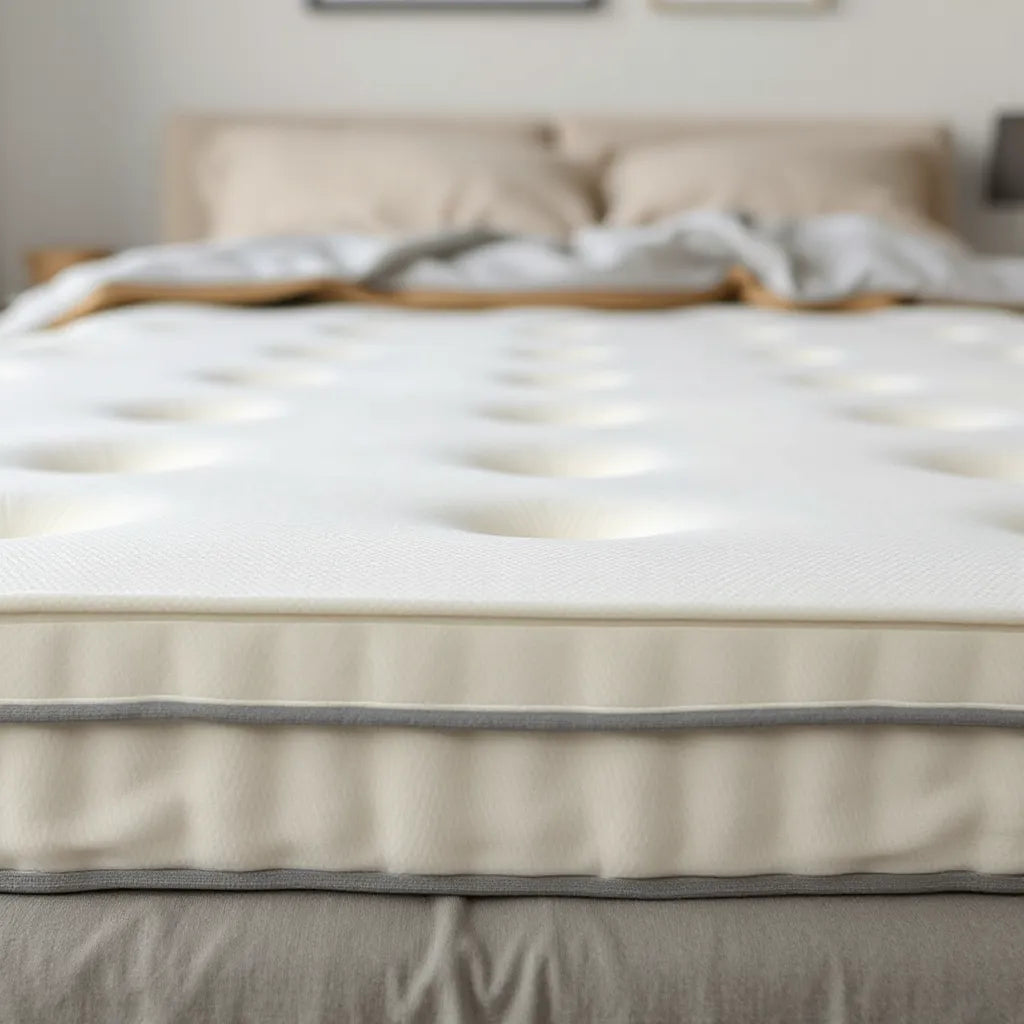 Neatly made bed with a breathable mattress surface showing a natural latex texture