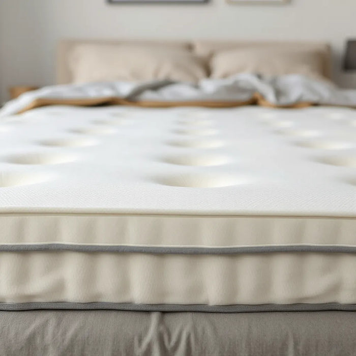 Neatly made bed with a breathable mattress surface showing a natural latex texture