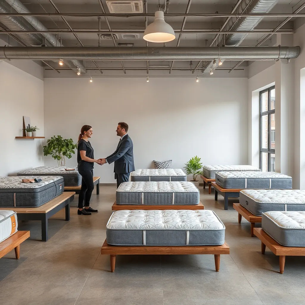 Customer comparing mattress comfort in a modern Brooklyn showroom with a salesperson