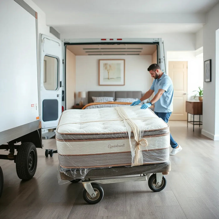 Movers delivering a wrapped mattress on a dolly to a home entrance with a clear path to the bedroom.