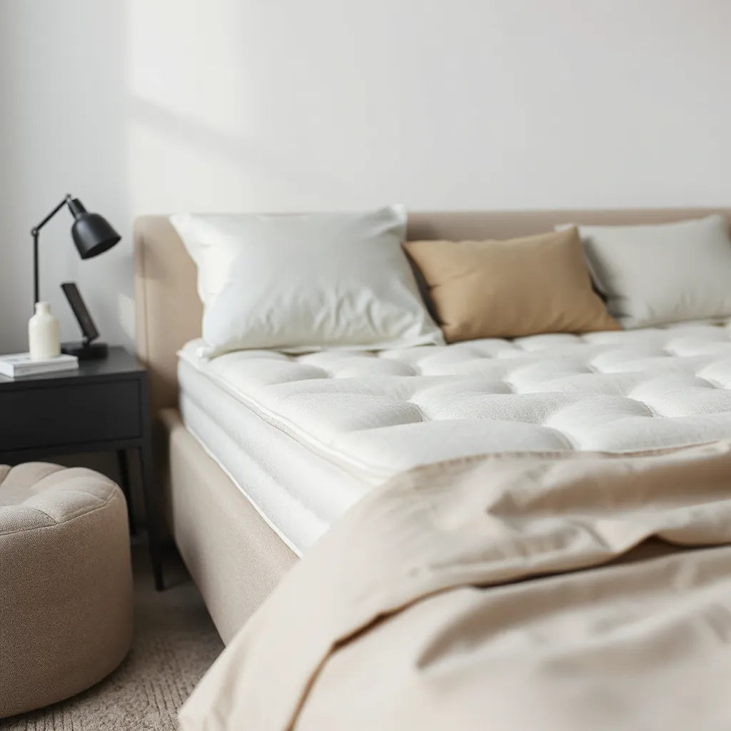 Puffy mattress on a bed with neutral bedding and soft lighting in a clean, modern bedroom setting