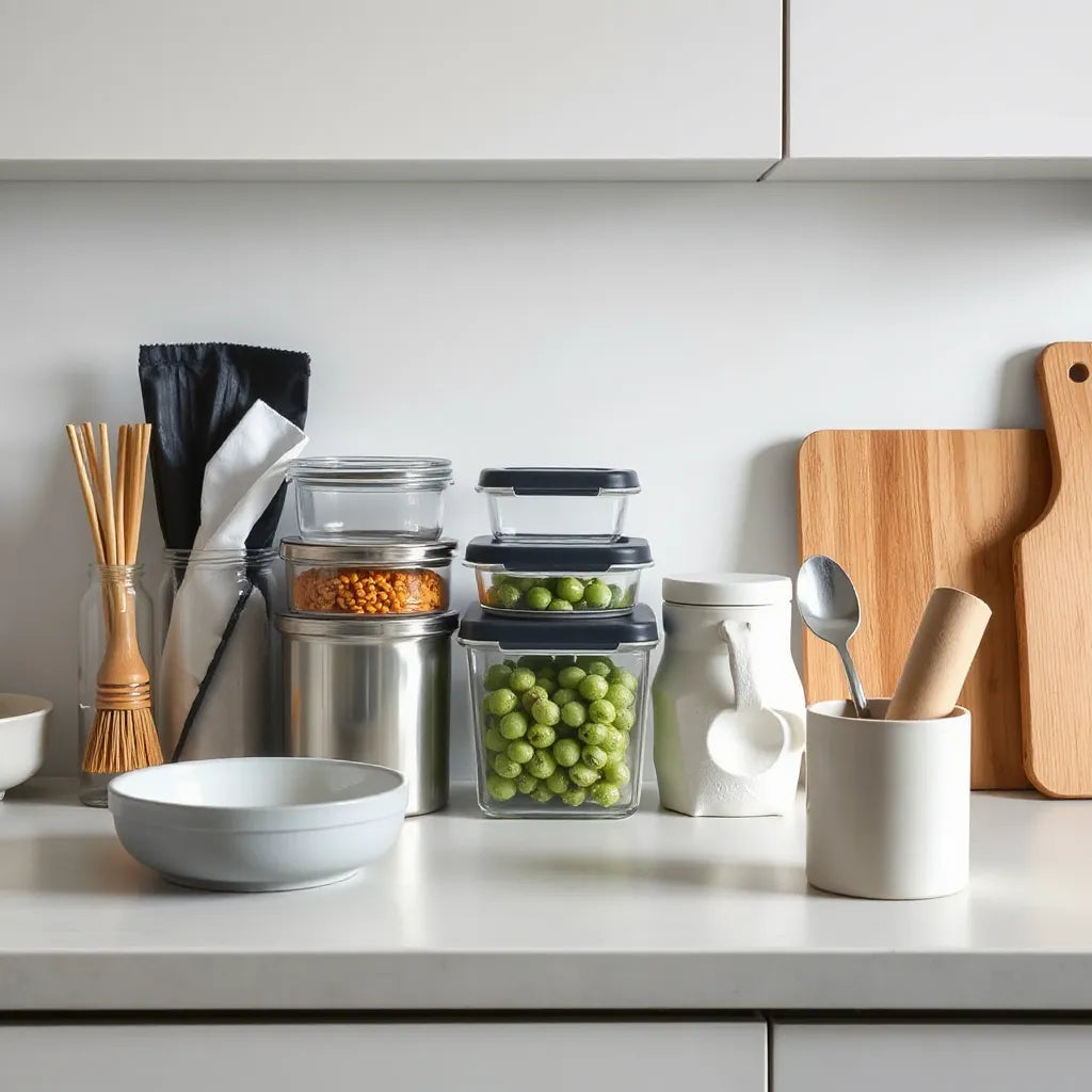 Reusable silicone wraps, glass containers, cloth produce bags, and a bamboo dish brush on a clean kitchen counter