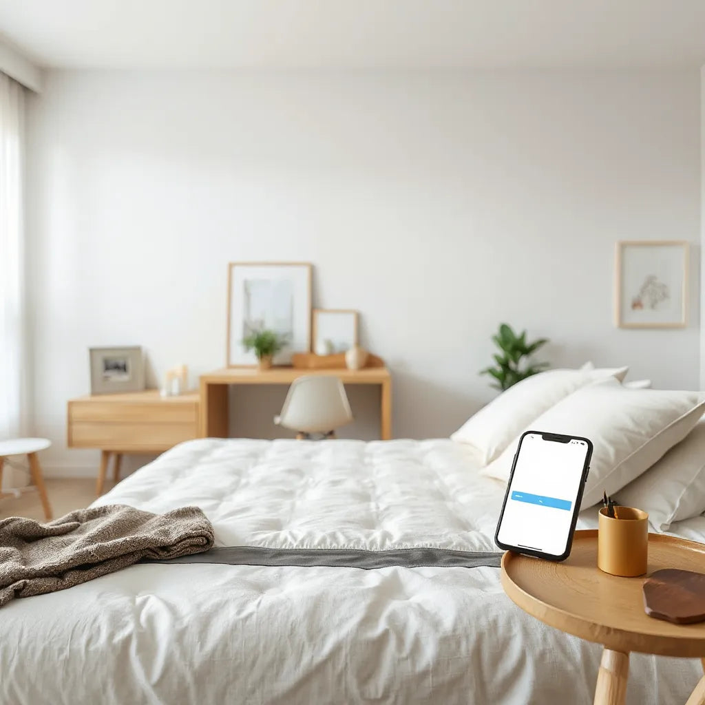Neatly made bed with a smartphone on a side table suggesting online mattress shopping