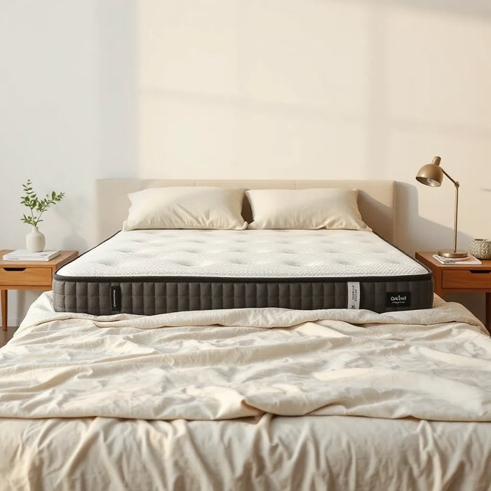 Neatly made bed with a comfort mattress showing contouring support for side sleeping