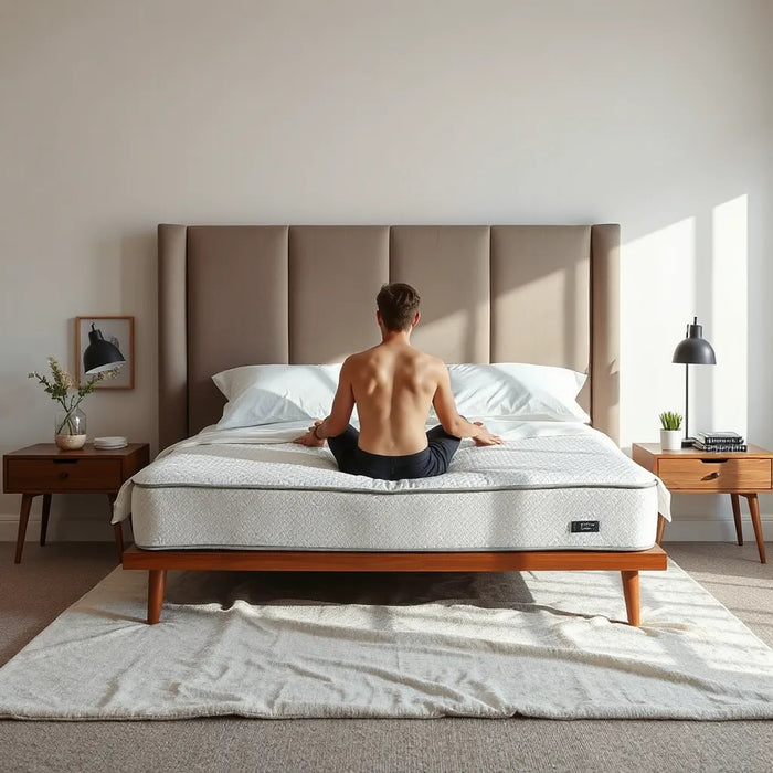 Supportive mattress on a neatly made bed with a relaxed back-friendly posture in a minimalist bedroom