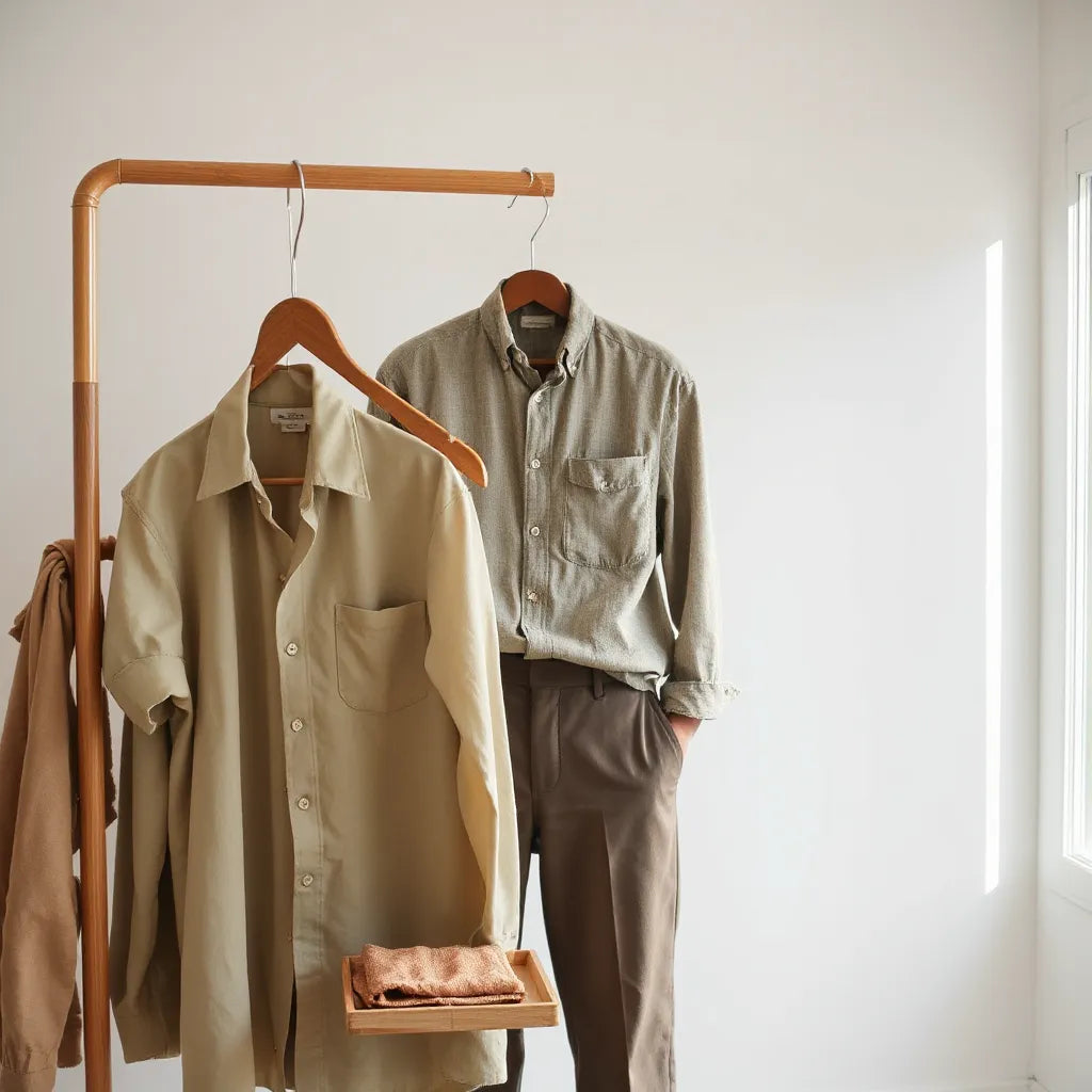Man styling a minimalist outfit from natural sustainable fabrics in a bright, uncluttered room