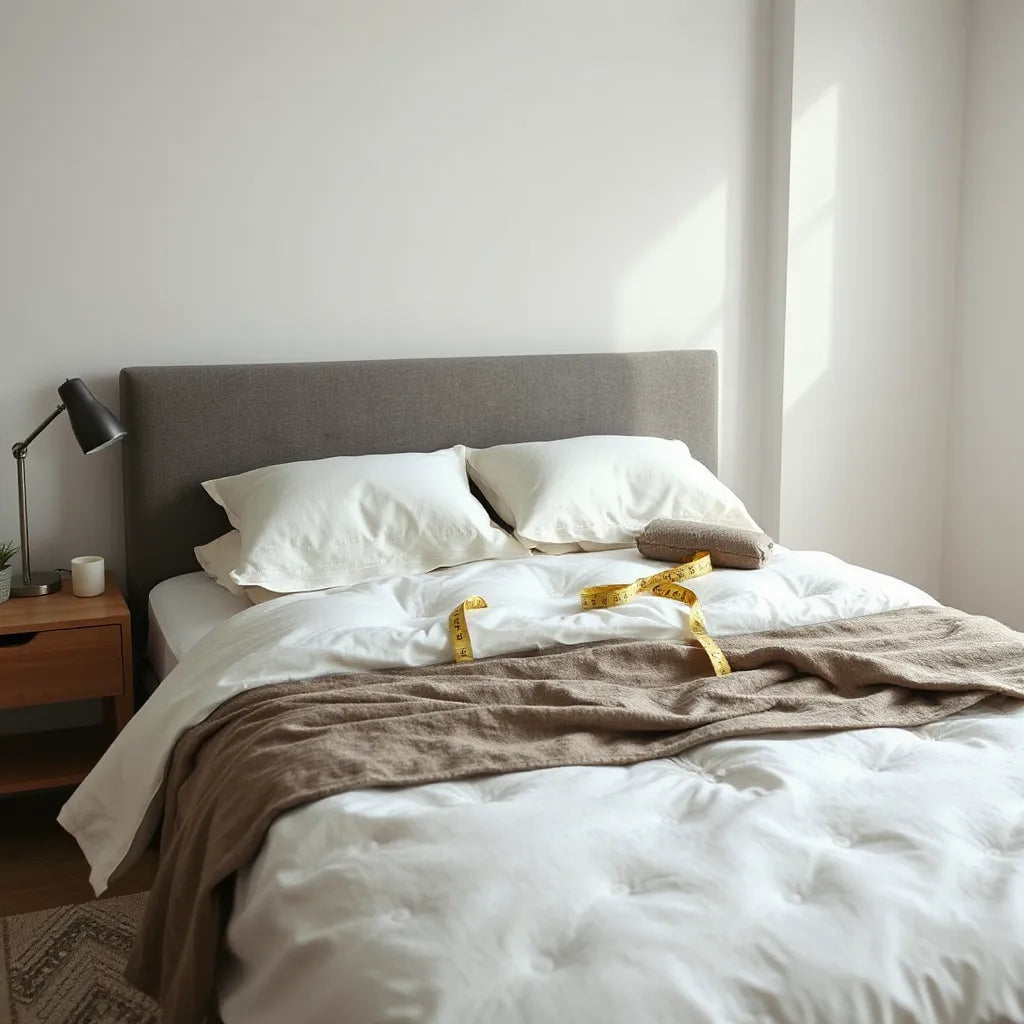Neatly made bed with a custom mattress setup, with a measuring tape and fabric swatches on a bedside table.