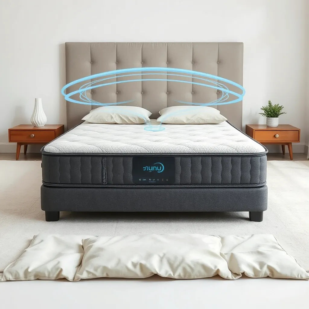 Mattress with subtle cooling airflow and layered material cross-section for hot-sleeper comfort