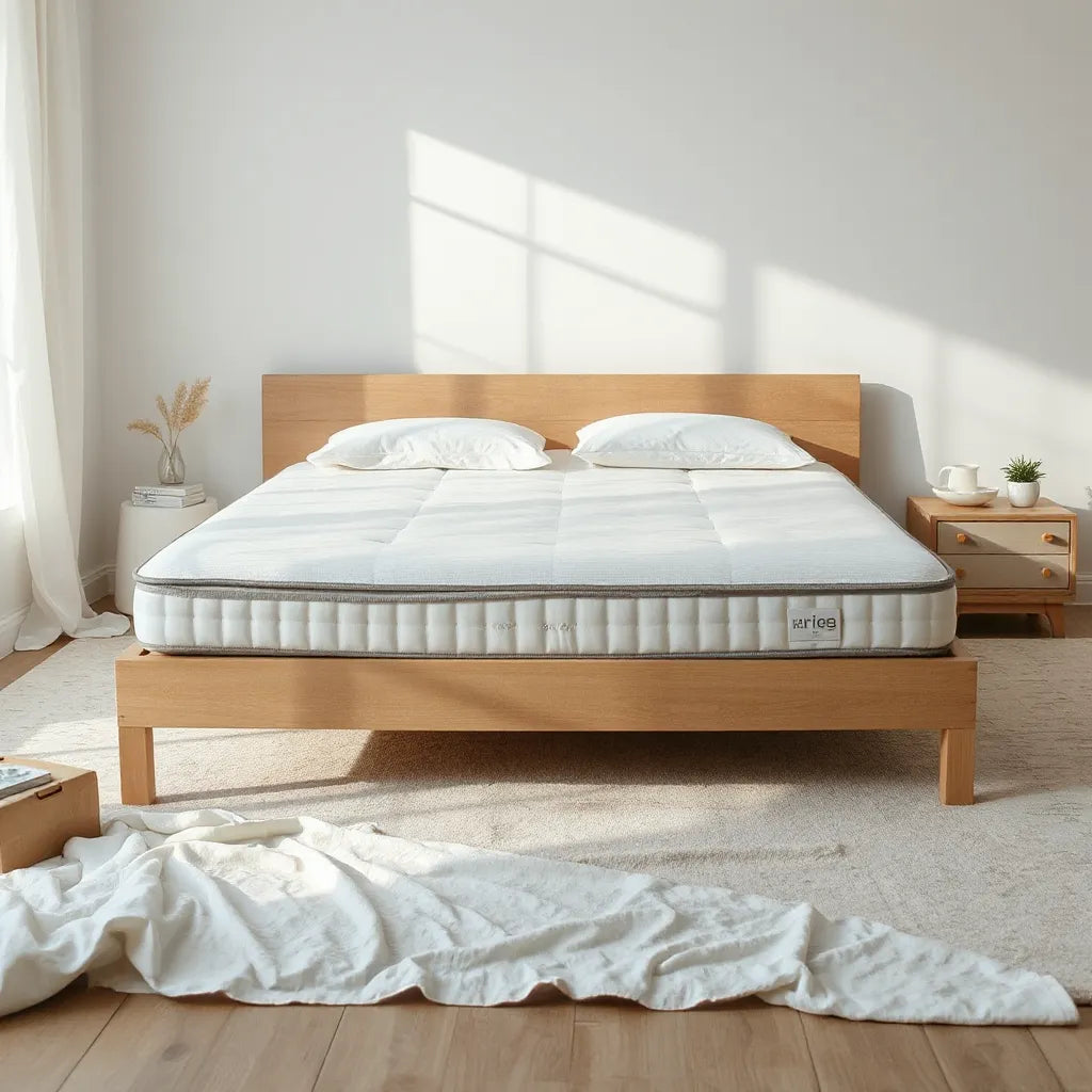 King-size mattress with a breathable cooling protector smoothed over the surface in a bright bedroom