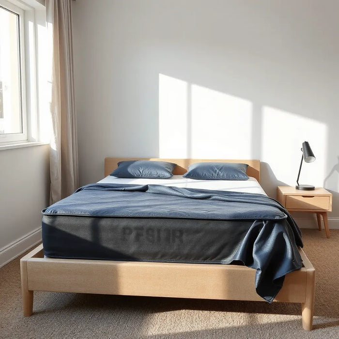Helix Twilight Luxe style mattress on a bed with blue bedding in a softly lit bedroom