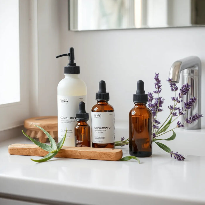 Natural organic shampoo and conditioner bottles with aloe leaves on a minimal bathroom countertop