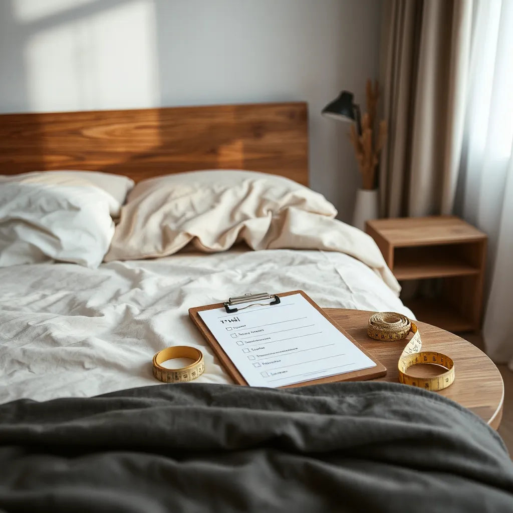 Neatly made bed with a bedside checklist and measuring tape for testing a mattress trial