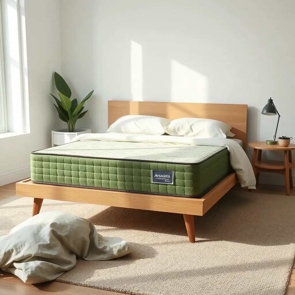 Avocado green mattress on a minimal bed with neutral linens and soft natural light