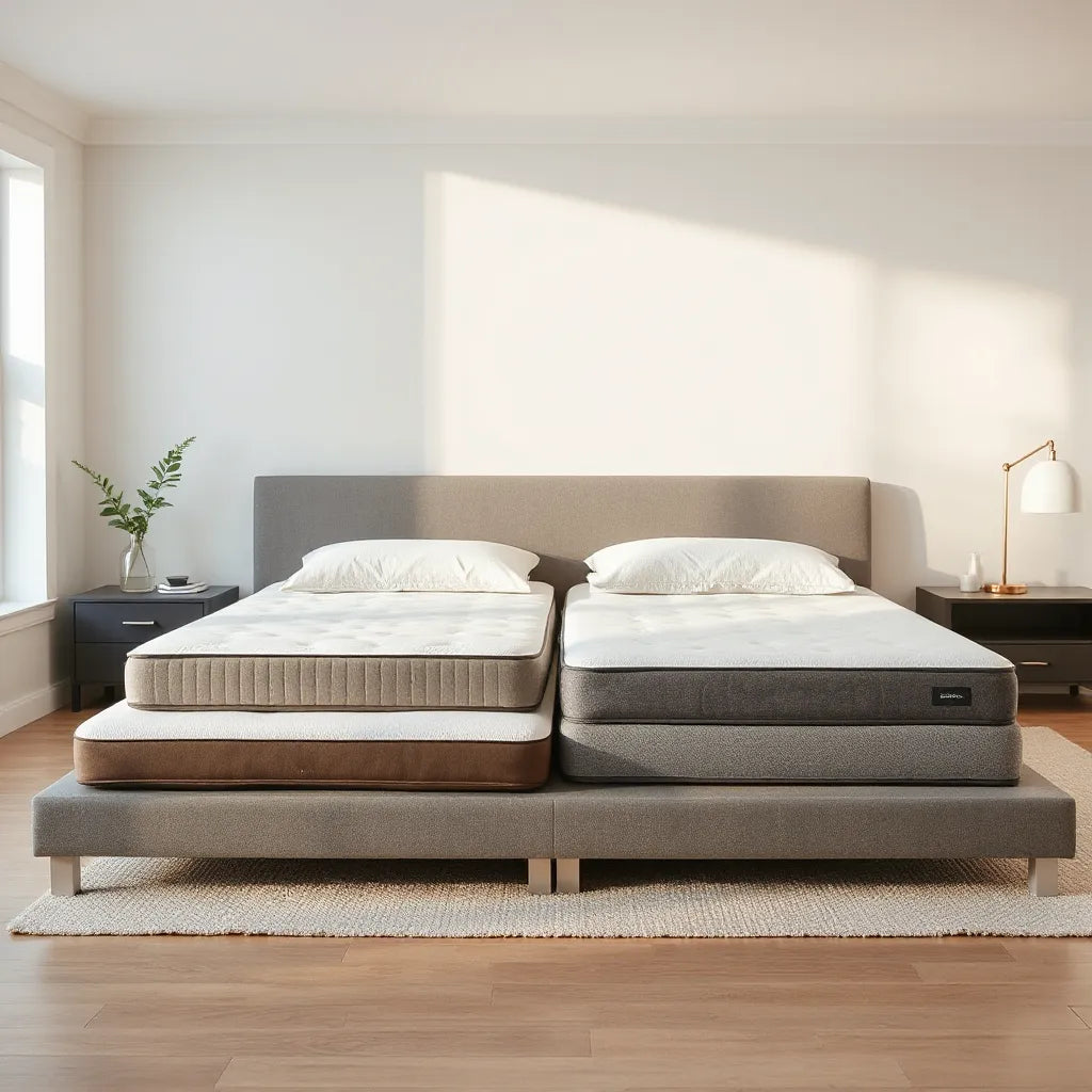 Neatly made bed with several premium mattresses on display in a bright, modern room