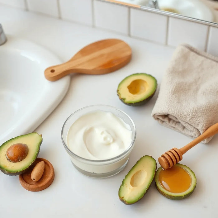 Creamy hair mask in a glass bowl with a wooden brush and natural ingredients on a clean vanity