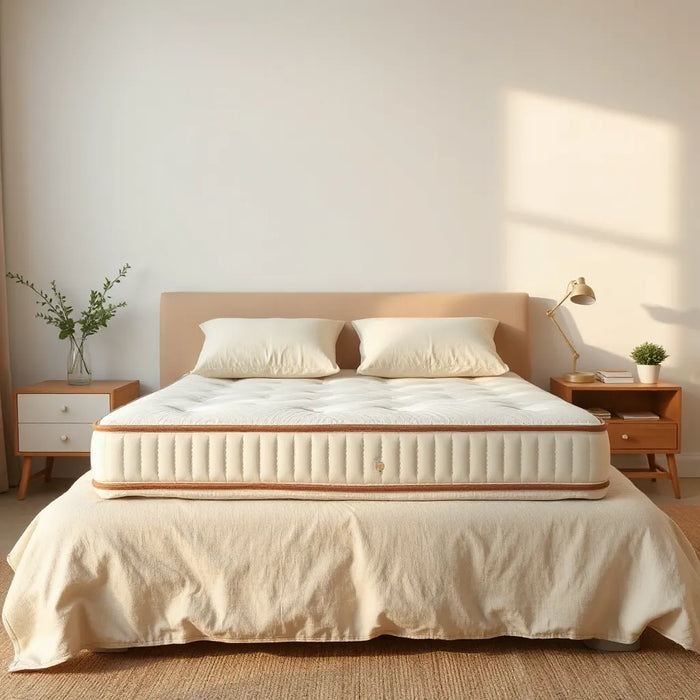 Comfortable mattress on a neatly made bed with soft bedding in a bright, uncluttered bedroom