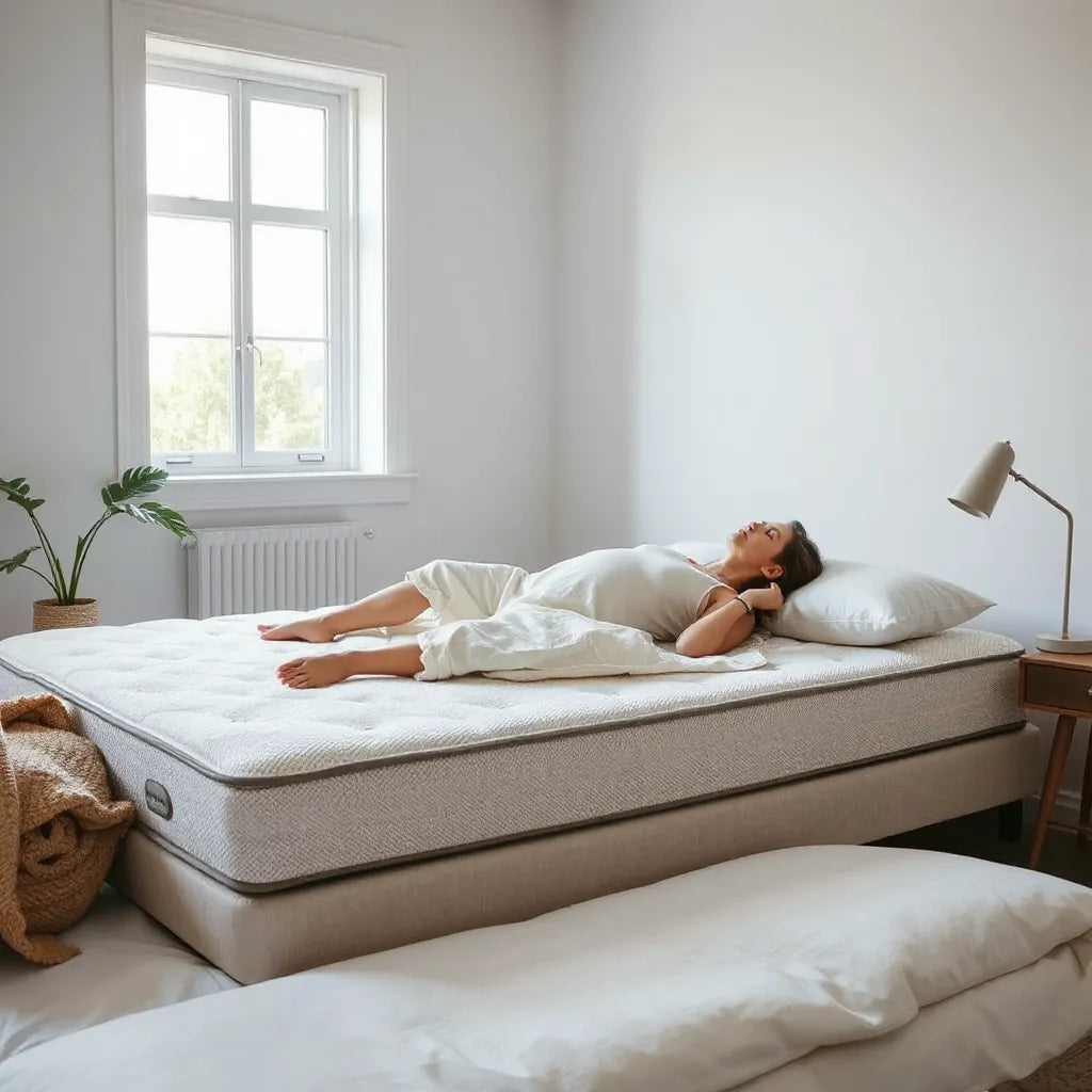 Person resting on a supportive mattress with aligned posture in a calm, neutral bedroom