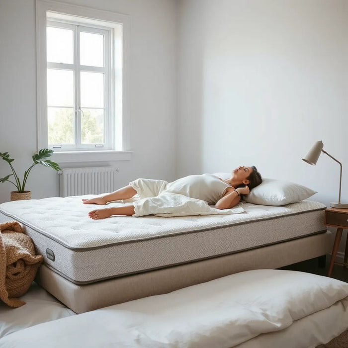 Person resting on a supportive mattress with aligned posture in a calm, neutral bedroom