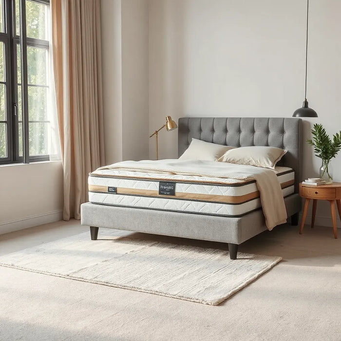 Neatly made luxury bed with a premium mattress and layered bedding in soft natural light