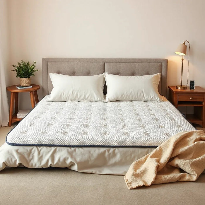 Neatly made bed with pillows and a comfort topper in a calm bedroom setting