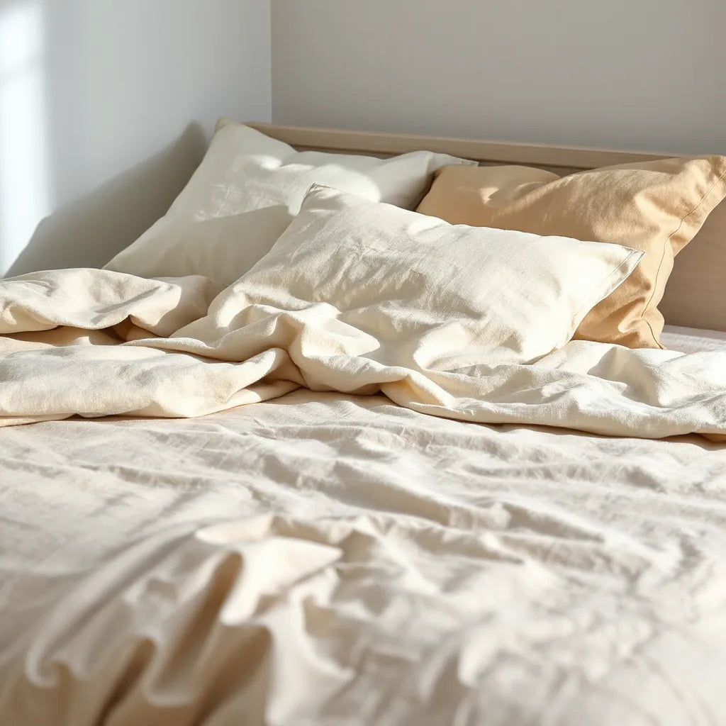 Neatly made bed with natural-toned organic cotton sheets and a breathable linen duvet