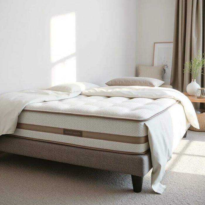 Zoned lumbar support mattress with emphasized lower-back comfort area in a softly lit bedroom