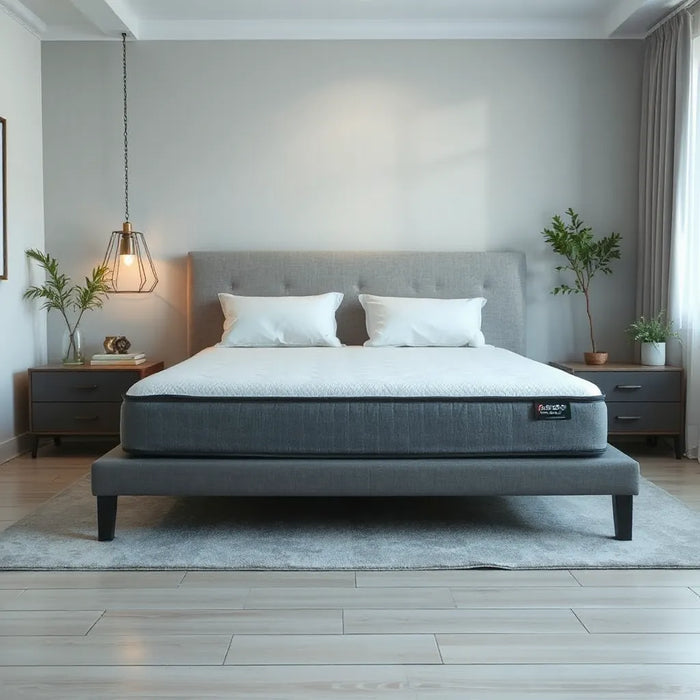 Neatly made bed with a high-quality mattress in a bright, minimalist bedroom