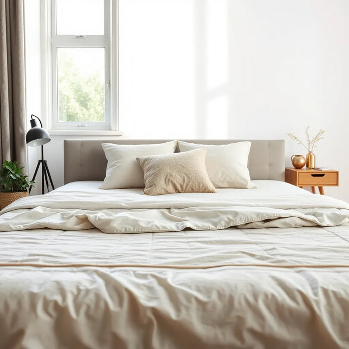 Neatly made bed with a visible mattress surface and pillows in a bright, modern bedroom
