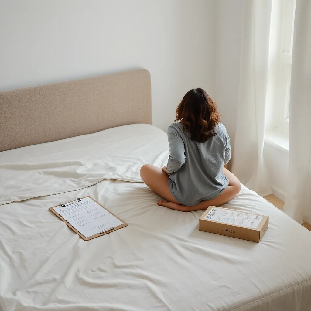 Person reviewing a mattress trial plan while sitting on a bed in a bright, minimal bedroom