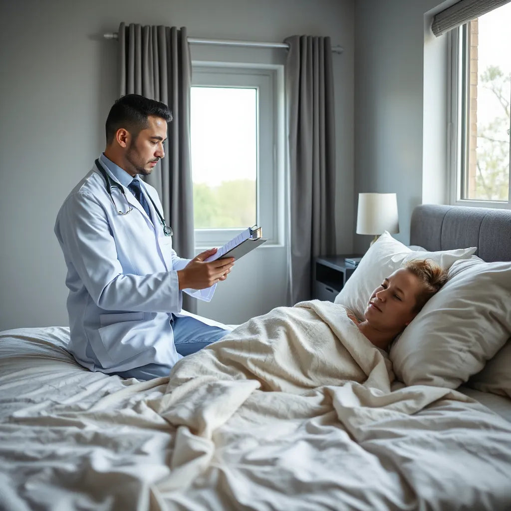 Sleep expert reviewing a sleep diary with a patient in a calm bedroom setting