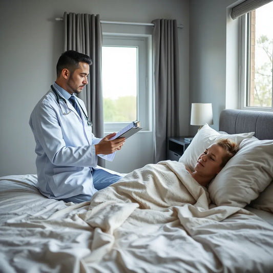 Sleep expert reviewing a sleep diary with a patient in a calm bedroom setting